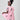 Girl in pink A-line dress with panda print and lace collar.