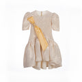  Amber Dress for girls with puff sleeves, crystal brooch, and detachable sash—luxury party dress for ages 1–14.