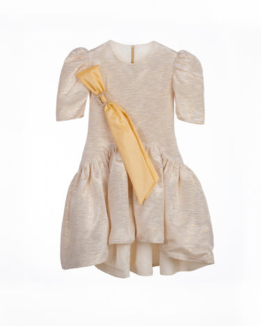  Amber Dress for girls with puff sleeves, crystal brooch, and detachable sash—luxury party dress for ages 1–14.