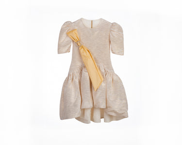  Amber Dress for girls with puff sleeves, crystal brooch, and detachable sash—luxury party dress for ages 1–14.