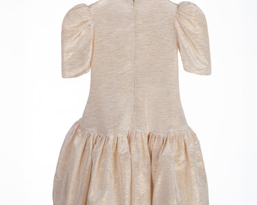 Champagne gold girls party dress with gathered skirt and puff sleeves – back view of Amber Dress.