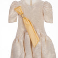  Amber Dress for girls with puff sleeves, crystal brooch, and detachable sash—luxury party dress for ages 1–14.