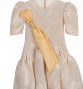  Amber Dress for girls with puff sleeves, crystal brooch, and detachable sash—luxury party dress for ages 1–14.