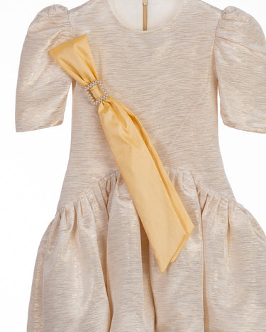  Amber Dress for girls with puff sleeves, crystal brooch, and detachable sash—luxury party dress for ages 1–14.