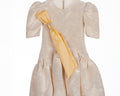  Amber Dress for girls with puff sleeves, crystal brooch, and detachable sash—luxury party dress for ages 1–14.