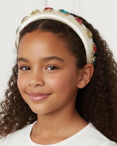 Young girl wearing a decorative headband with a white background