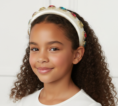 Young girl wearing a decorative headband with a white background