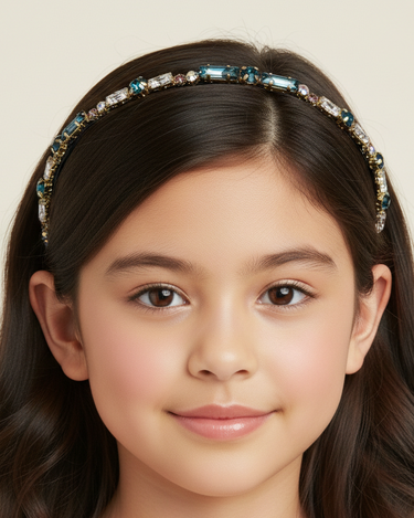 Young girl wearing a decorative headband with gemstones on a beige background