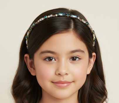 Young girl wearing a decorative headband with gemstones on a beige background