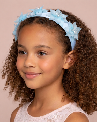 Handmade acrylic floral crystal headband for girls in blue