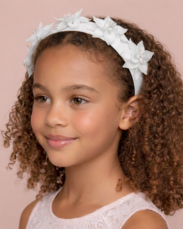 Handmade acrylic floral crystal headband for girls in white