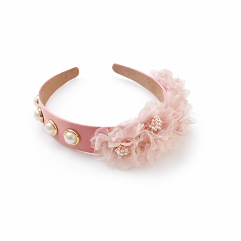 Pink headband with floral design and gold accents on a white background