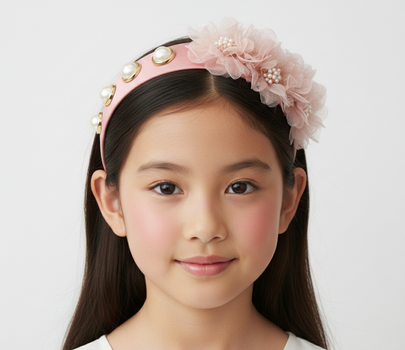Young girl wearing a decorative headband with flowers and pearls on a white background