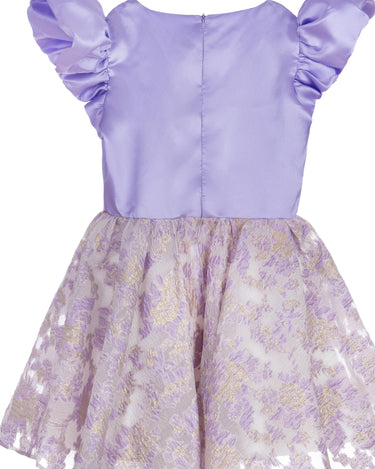 Lilac high-low occasion dress with petal-shaped white flower and floral brocade skirt – Bloomlight Dress for girls aged 5–14.