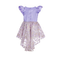 Lilac high-low occasion dress with petal-shaped white flower and floral brocade skirt – Bloomlight Dress for girls aged 5–14.