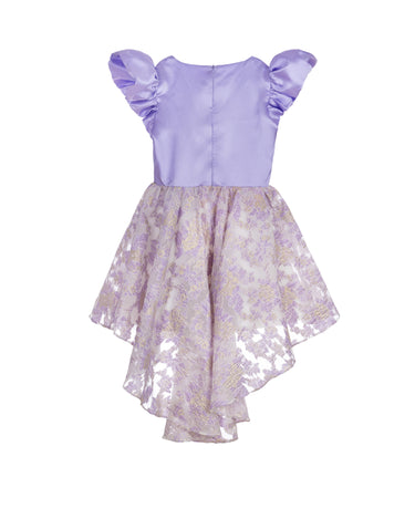 Lilac high-low occasion dress with petal-shaped white flower and floral brocade skirt – Bloomlight Dress for girls aged 5–14.