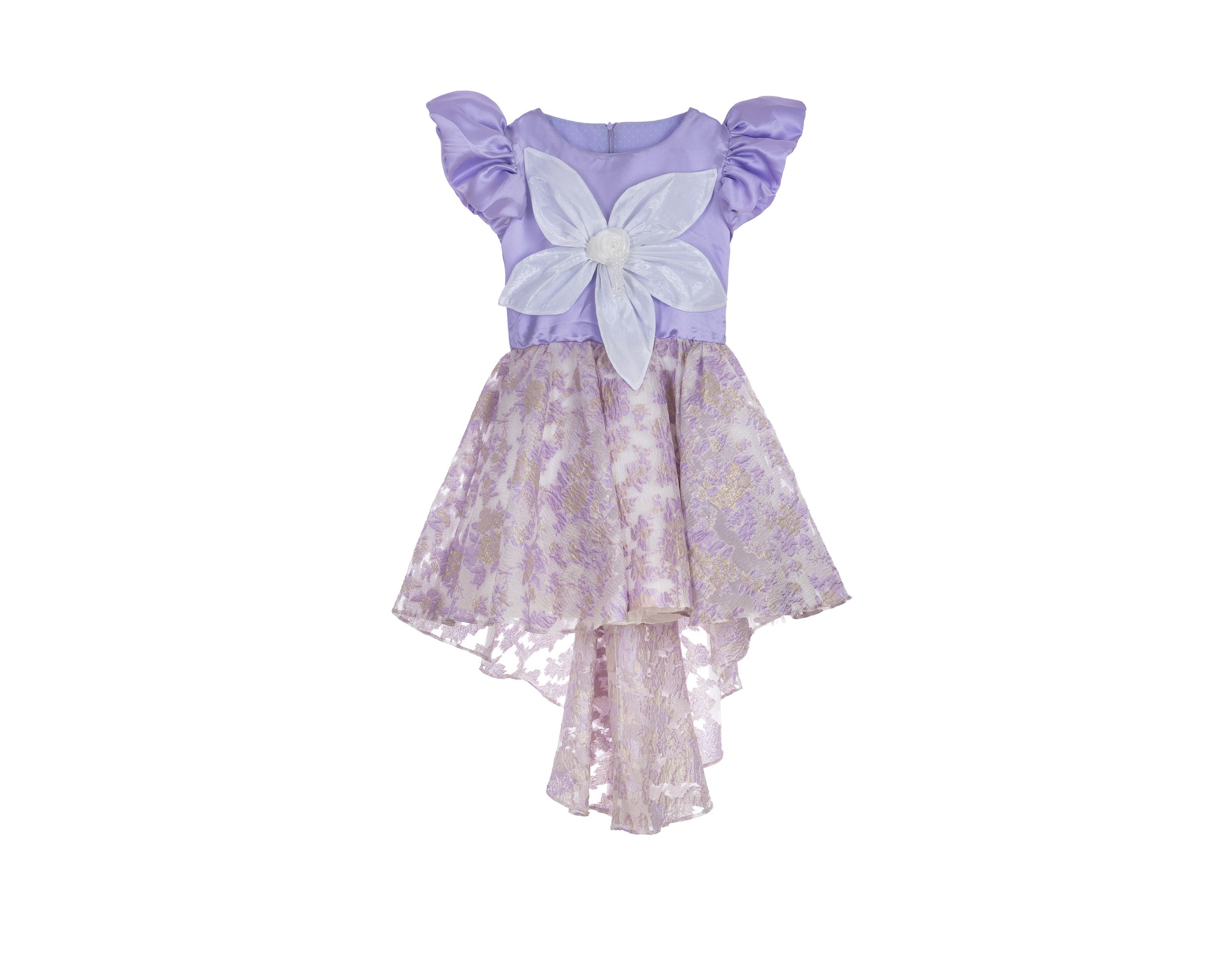 Lilac high-low occasion dress with petal-shaped white flower and floral brocade skirt – Bloomlight Dress for girls aged 5–14.