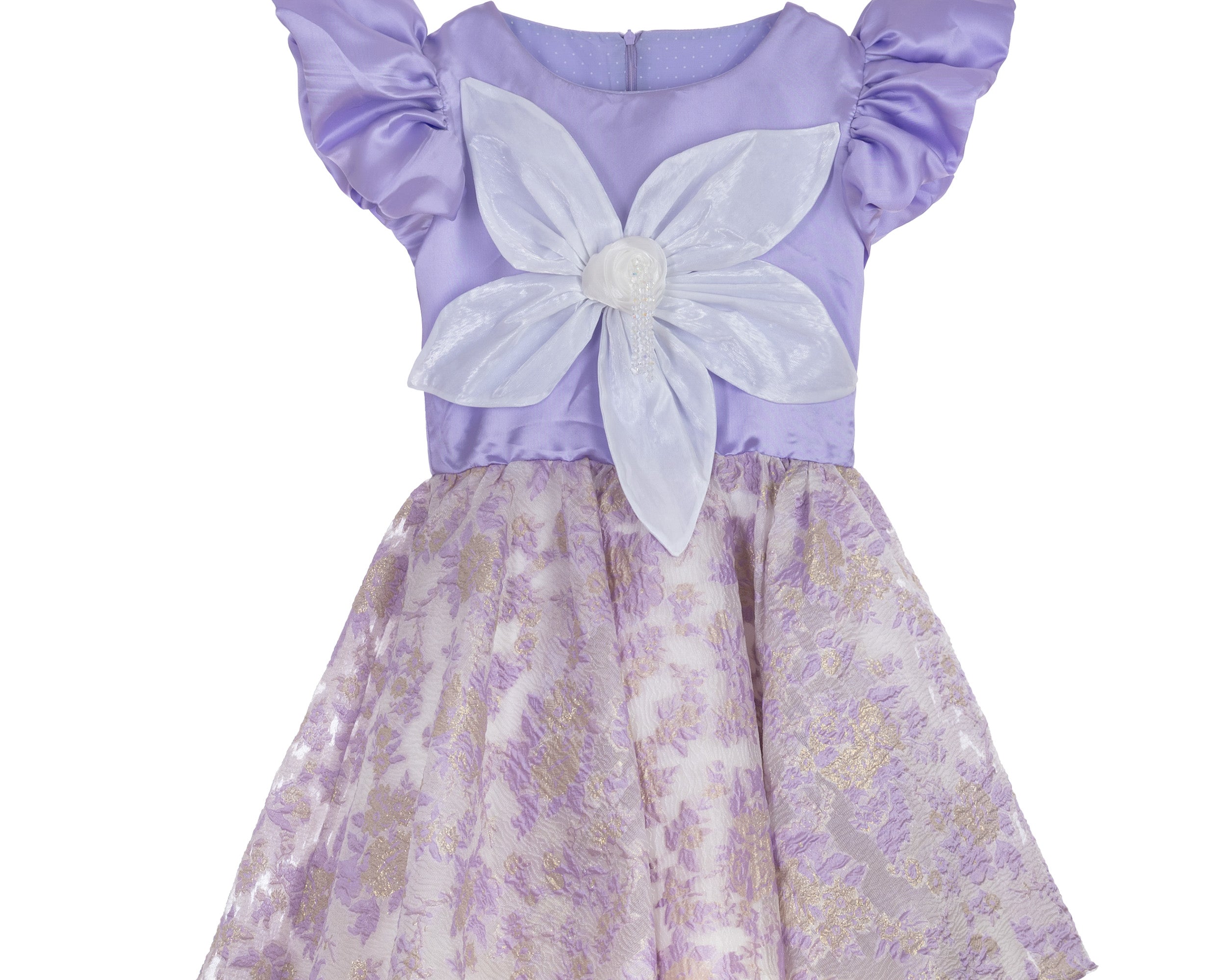 Lilac high-low occasion dress with petal-shaped white flower and floral brocade skirt – Bloomlight Dress for girls aged 5–14.