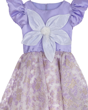 Lilac high-low occasion dress with petal-shaped white flower and floral brocade skirt – Bloomlight Dress for girls aged 5–14.