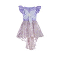 Lilac high-low occasion dress with petal-shaped white flower and floral brocade skirt – Bloomlight Dress for girls aged 5–14.