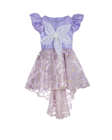 Lilac high-low occasion dress with petal-shaped white flower and floral brocade skirt – Bloomlight Dress for girls aged 5–14.
