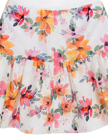 Tiered girl's skirt with multicolour floral print and elastic waistband. Blossom Skirt for ages 1–14.