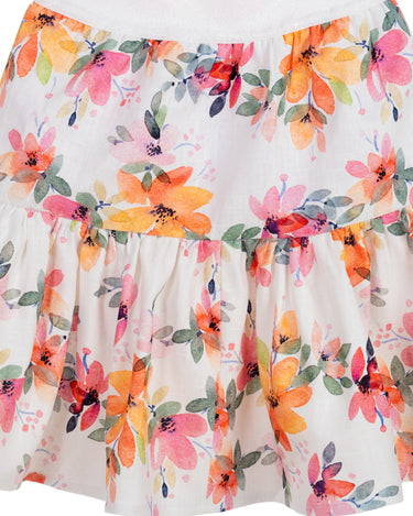 Tiered girl's skirt with multicolour floral print and elastic waistband. Blossom Skirt for ages 1–14.