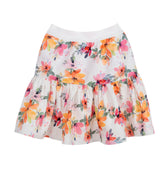 Tiered girl's skirt with multicolour floral print and elastic waistband. Blossom Skirt for ages 1–14.