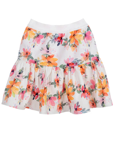 Tiered girl's skirt with multicolour floral print and elastic waistband. Blossom Skirt for ages 1–14.