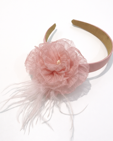 Pink headband with a flower and feathers on a white background