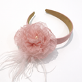 Pink headband with a large flower and feathers on a white background