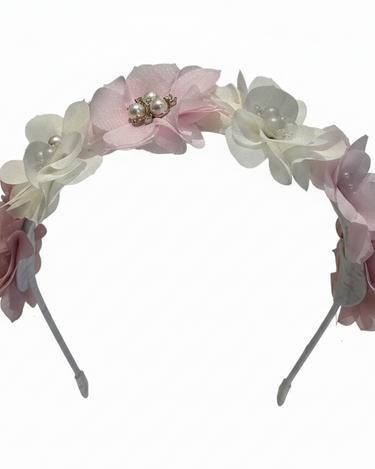 Floral headband with pink and white flowers on a white background