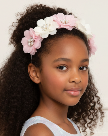 Young girl wearing a floral headband with pink and white flowers on a light background