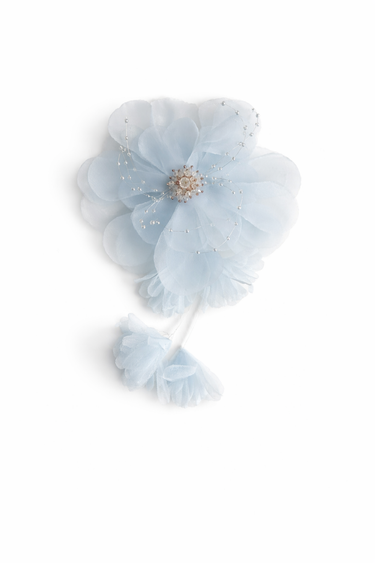 Blue organza flower hair clip with crystal beaded centre and delicate bead detailing for girls
