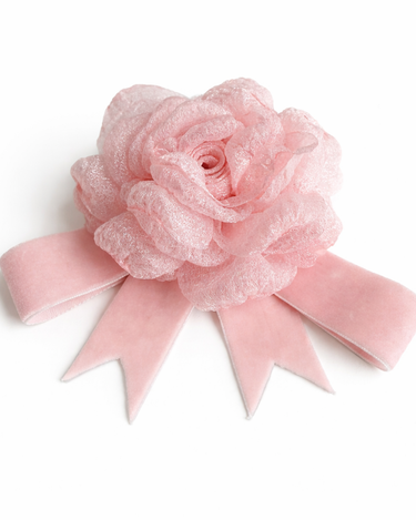 Pink velvet rose hair clip with pink velvet ribbon bow for girls
