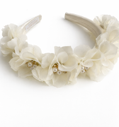 Ivory satin headband with fabric flowers and pearl accents