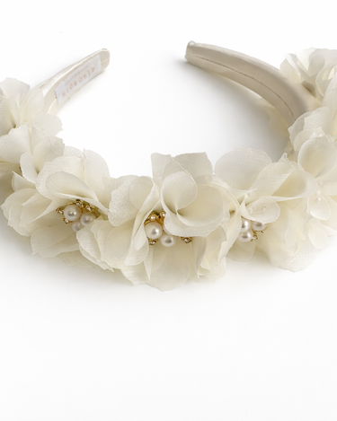 Ivory satin headband with fabric flowers and pearl accents