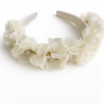 Ivory satin headband with fabric flowers and pearl accents