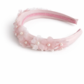 Blush pink satin headband with layered chiffon flowers and pearl centres for girls