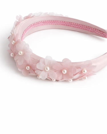 Blush pink satin headband with layered chiffon flowers and pearl centres for girls