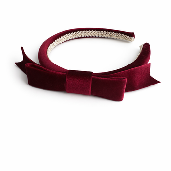 Burgundy velvet bow headband for girls with padded structured band