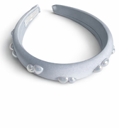 Powder blue satin padded headband with iridescent pearl embellishments for girls
