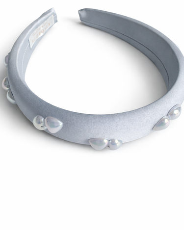 Powder blue satin padded headband with iridescent pearl embellishments for girls
