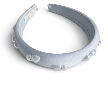 Powder blue satin padded headband with iridescent pearl embellishments for girls
