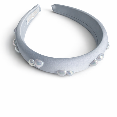 Powder blue satin padded headband with iridescent pearl embellishments for girls
