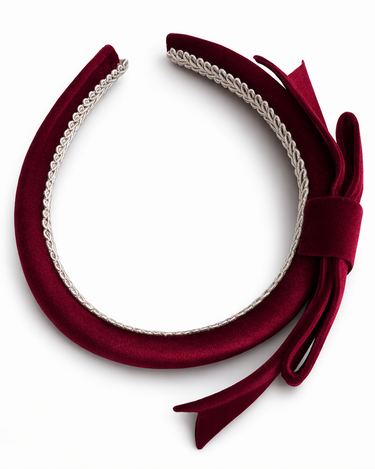 Burgundy velvet bow headband for girls with padded structured band
