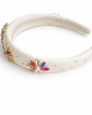 Ivory satin girls headband with faux pearls and multicolour crystal floral embellishments