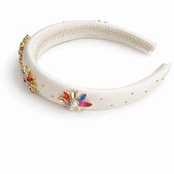 Ivory satin girls headband with faux pearls and multicolour crystal floral embellishments
