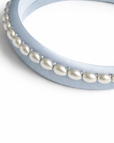 Blue 100% silk padded headband with pearl edging and crystal accents for girls