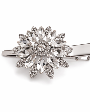 Silver crystal flower hair clip with layered faceted clear crystals for girls
